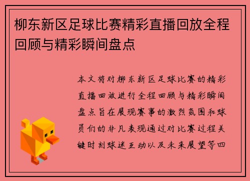柳东新区足球比赛精彩直播回放全程回顾与精彩瞬间盘点